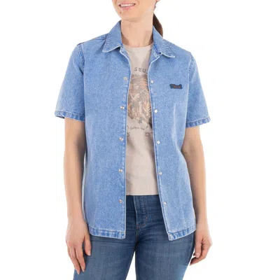 Marni Short Sleeve Denim Logo Shirt In Blue