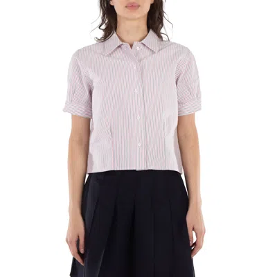 Thom Browne Short Sleeve Stripe Oxford Blouse In Purple