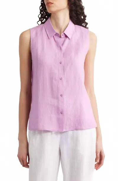 Eileen Fisher Classic Sleeveless Organic Linen Button-up Shirt In Pink