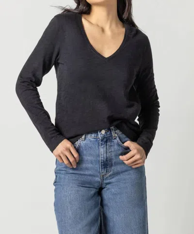 Lilla P Rolled Edge V-neck Tee In Black