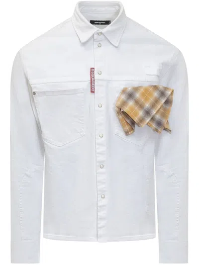 Dsquared2 White Cotton Denim Carpenter Shirt With Checked Pocket Square