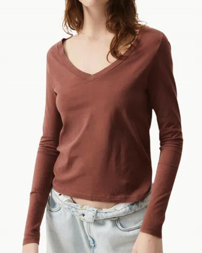American Vintage Gamipy Long Sleeve V Neck T-shirt In Choco