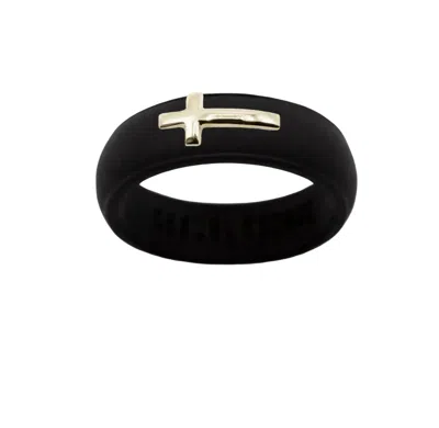 Casual Carats Silicone Band Ring With 14kt Gold Sideways Cross In Black