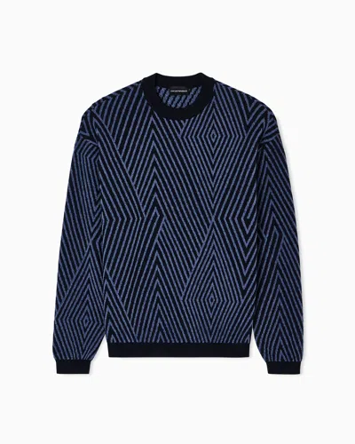 Emporio Armani Virgin Wool-blend Jumper With Op-art Jacquard With Oversized Diamonds In Blue
