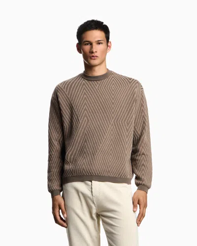 Emporio Armani Virgin Wool-blend Jumper With Op-art Jacquard With Oversized Diamonds In Brown