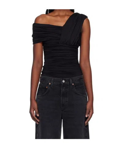 Agolde Etienne Off-the-shoulder Ruched Stretch-jersey Thong Bodysuit In Black