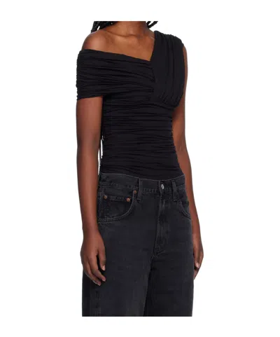 Agolde Etienne Off-the-shoulder Ruched Stretch-jersey Thong Bodysuit In Black