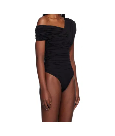 Agolde Etienne Off-the-shoulder Ruched Stretch-jersey Thong Bodysuit In Black