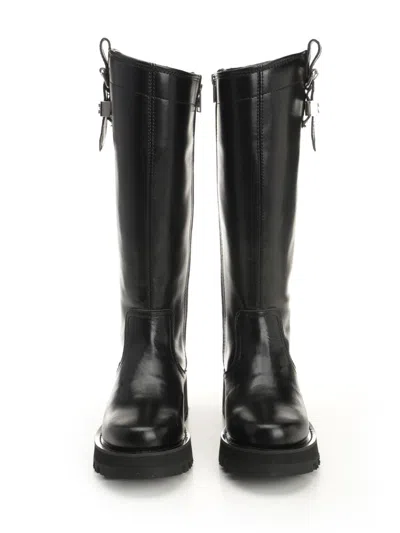 Ganni Buckle Knee-high Leather Lug Round Boots In Black