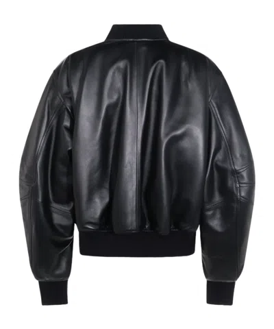 Attico Black Leather Bomber Jacket In Black