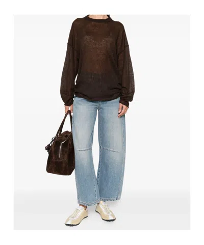 Haikure Frayed-hemline Round-neck Sweater In Brown