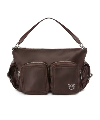 Pinko Medium Satin Camera Bag With Love Birds Logo In Brown