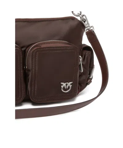 Pinko Medium Satin Camera Bag With Love Birds Logo In Brown