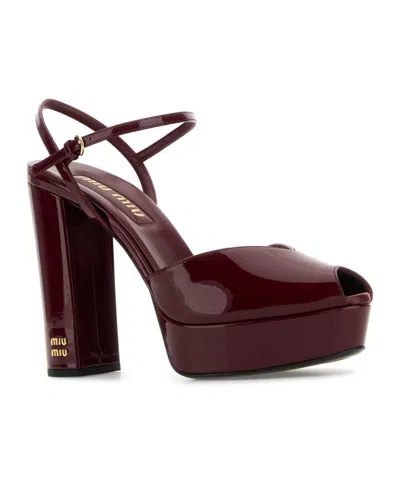 Miu Miu Leather Block Heel Sandals With Patent Finish In Red