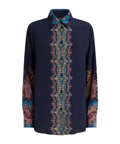 Etro Paisley Print Crepe De Chine Long-sleeved Shirt In Blue