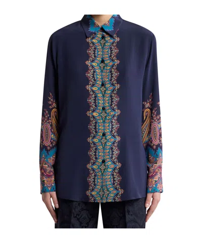 Etro Paisley Print Crepe De Chine Long-sleeved Shirt In Blue