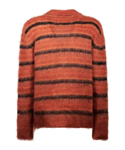 Marni Striped V-neck Ribbed Cardigan With Long Sleeves In Red