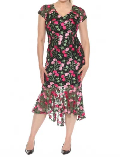 Joseph Ribkoff Floral Embroidered Mesh Midi Trumpet Dress In Black/multi