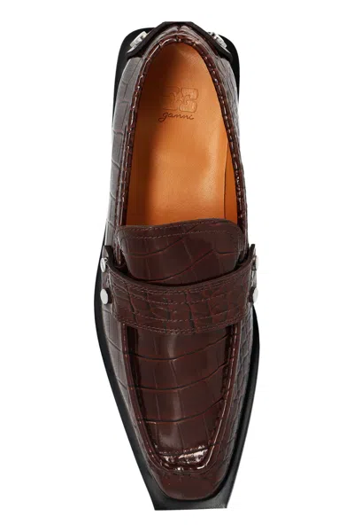 Ganni Loafers Crocodile Texture Studs Decorative