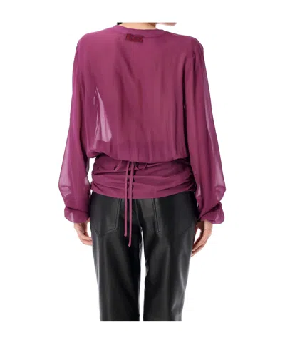 Attico Draped Front V-neck Ruched Blouse In Pink