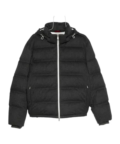 Brunello Cucinelli Men Grey Quilted Design Hooded Neckline Zip Fastening Long Sleeves In Black