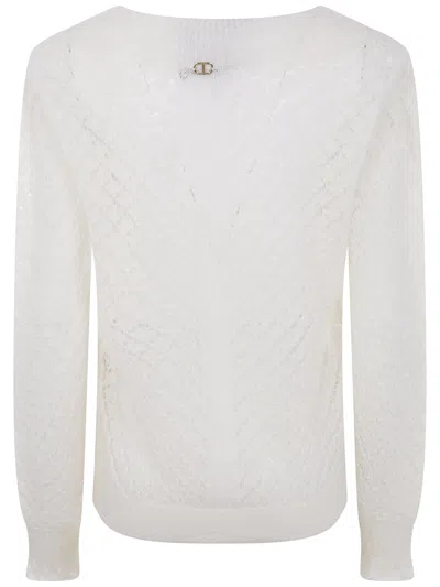 Twinset Ruffled-cuff Open-knit Sweater In White