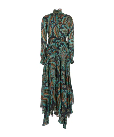 Etro Multicolor Long Dress With Self-tie Belt And All-over Floral Print In Silk Woman In Green