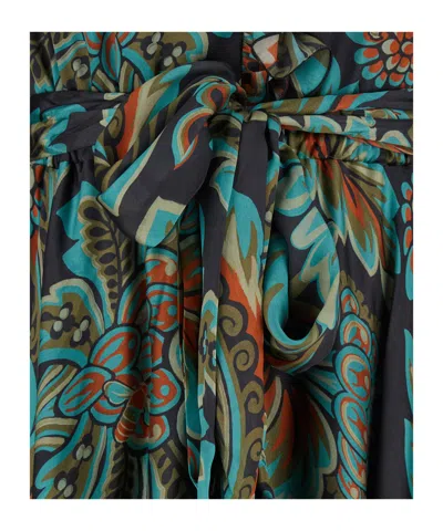 Etro Multicolor Long Dress With Self-tie Belt And All-over Floral Print In Silk Woman In Green