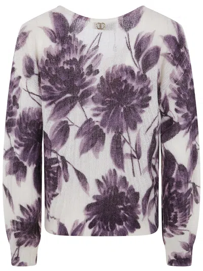 Twinset Twin-set Cropped Sweater With Floral Pattern And Textured Finish In Purple