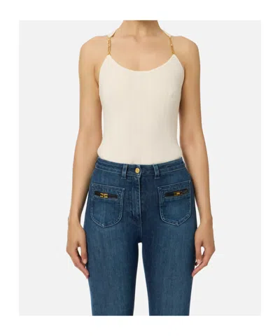 Elisabetta Franchi Top In Ribbed Knit Fabric With Openwork Details In White