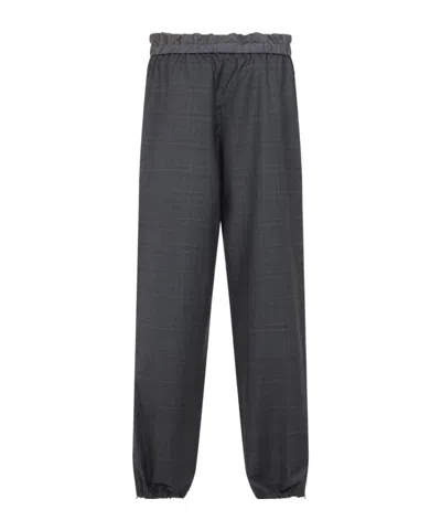 Miu Miu Checkered Drawstring Wool Pants With Elastic Waistband In Gray