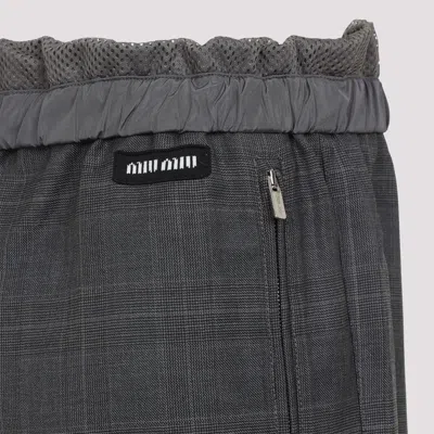 Miu Miu Checkered Drawstring Wool Pants With Elastic Waistband In Gray