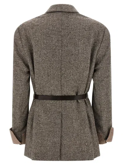 Brunello Cucinelli Herringbone Belted Blazer In Brown