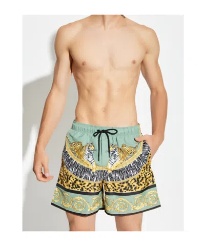 Versace Tiger-print Drawstring Swim Shorts In Green