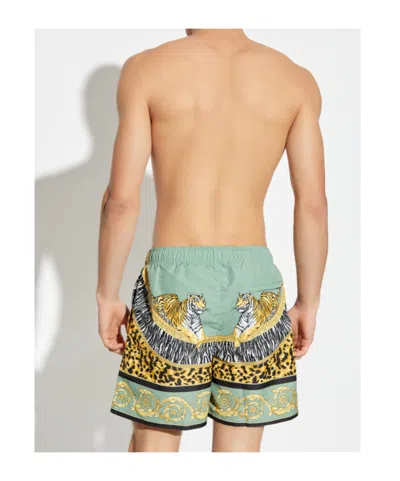 Versace Tiger-print Drawstring Swim Shorts In Green