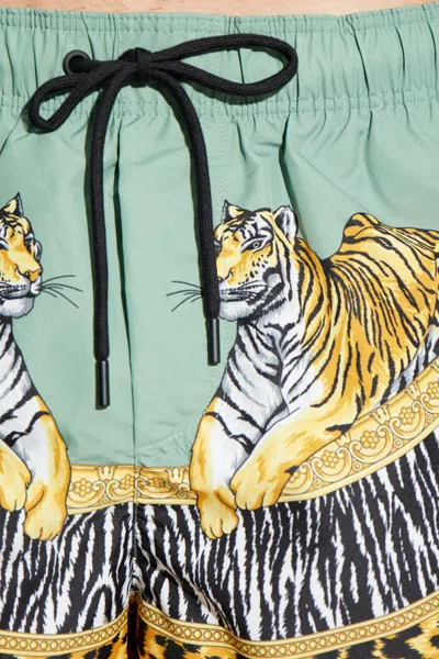 Versace Tiger-print Drawstring Swim Shorts In Green