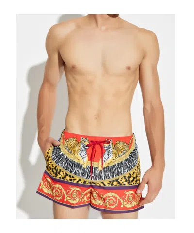 Versace Tiger-print Drawstring Swim Shorts In Red