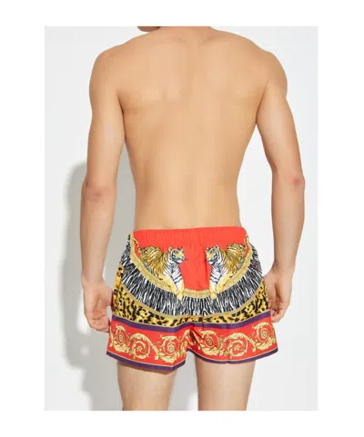 Versace Tiger-print Drawstring Swim Shorts In Red