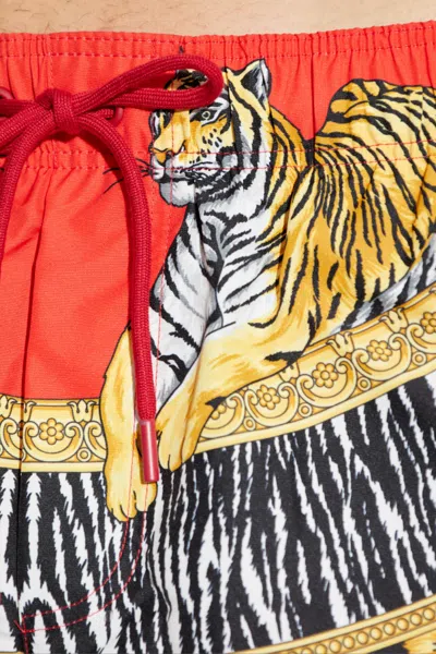 Versace Tiger-print Drawstring Swim Shorts In Red