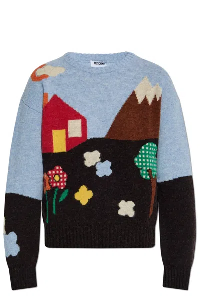Moschino Shetland Wool Sweater With Landscape Intarsia In Multi