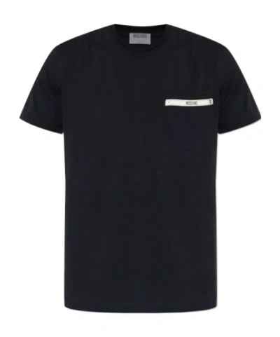 Moschino Logo Ribbon Pocket T-shirt In Black Cotton In Black