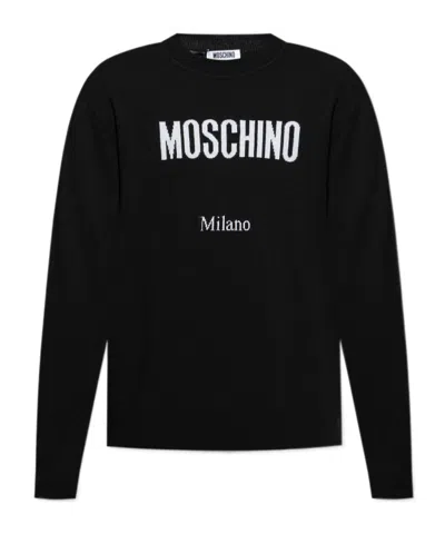 Moschino Crewneck Sweater With Logo In Wool Blend In Black