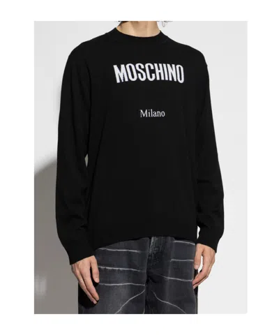 Moschino Crewneck Sweater With Logo In Wool Blend In Black