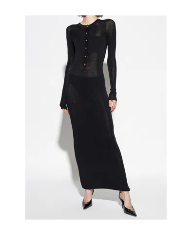 Versace Long Fitted Wool Dress With Gold-tone Button In Black