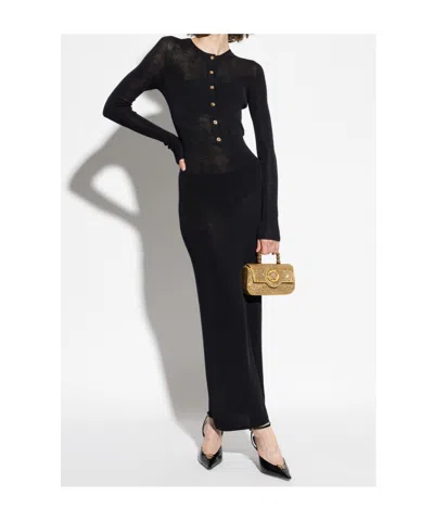 Versace Long Fitted Wool Dress With Gold-tone Button In Black