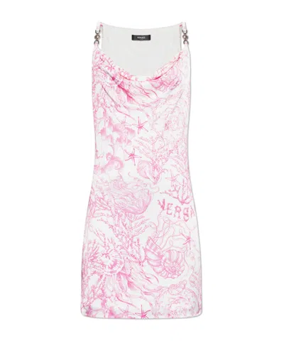 Versace Underwater Barocco Liquid Jersey Cowl-neck Mini Dress In Pink