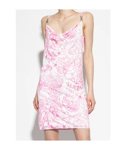 Versace Underwater Barocco Liquid Jersey Cowl-neck Mini Dress In Pink