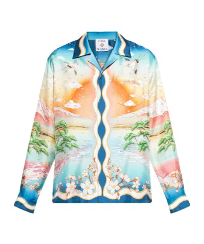 Casablanca Tennis Club Convertible-collar Printed Silk-twill Shirt In Black