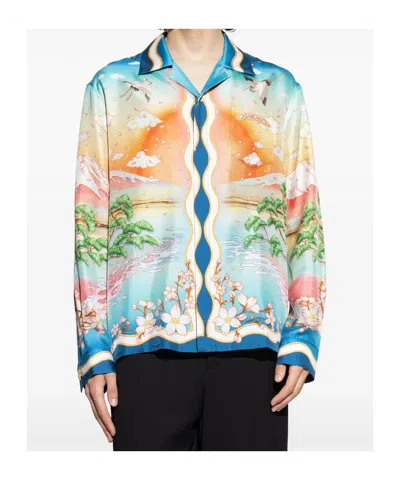 Casablanca Tennis Club Convertible-collar Printed Silk-twill Shirt In Black
