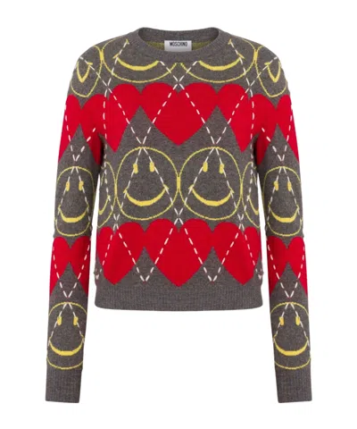 Moschino Wool Blend Pullover Smiley Grey In Multi